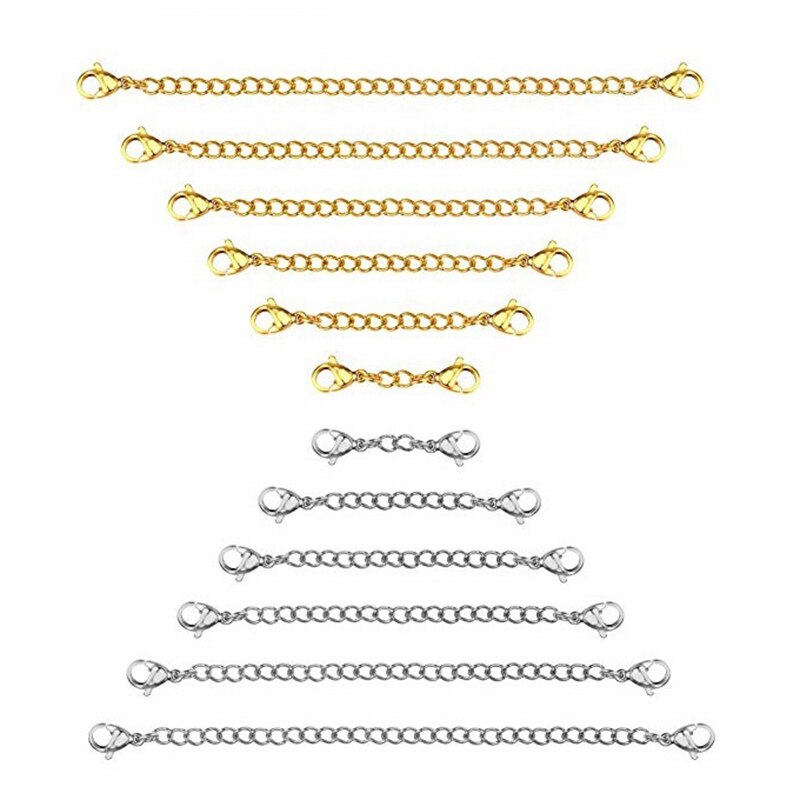 12 stk kjedeforlenger , 6 størrelser rustfritt stål armbånd forlengelse halskjede forlenger for å lage smykker, sølv og gull: Default Title