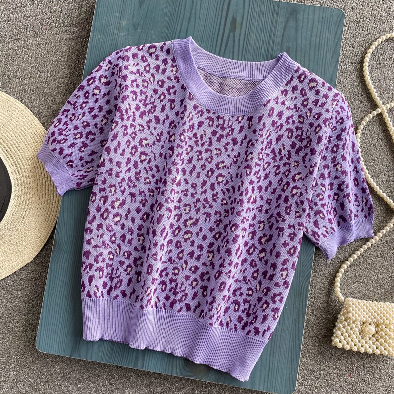 Style Hong Kong Style Retro Chic Loose Wild Leopard Print Soft Short-sleeved Sweater Short Top Women sweater women