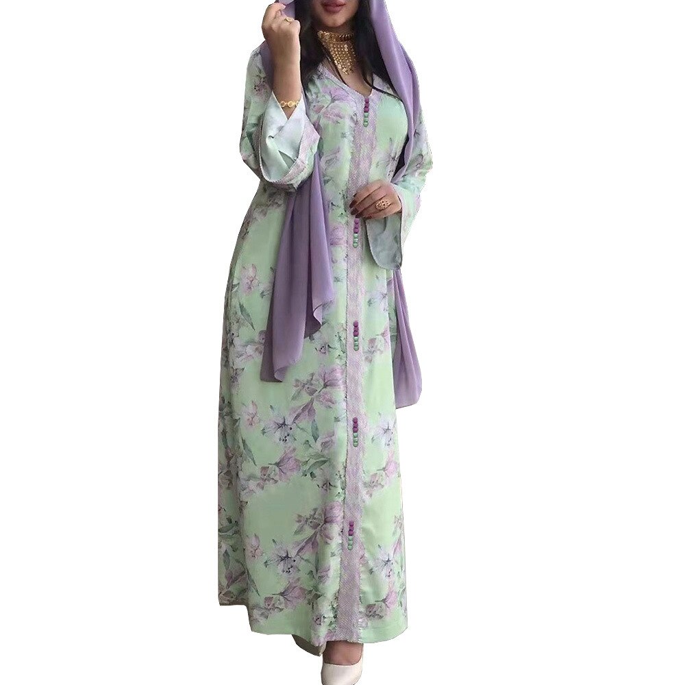 2022 Midden-oosten Gewaad Arabische Dubai Print Jurk Ramadan Moslim Voorjaar Vrouwen Dragen Islamitische Kleding Vrouwen Moslim Dubai