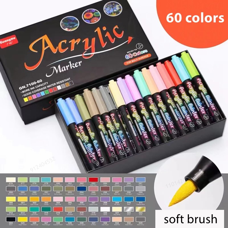 Stylo pinceau pour peinture acrylique 12-60 couleurs, marqueur d'art, stylo à pointe souple pour céramique, roche, verre, porcelaine, tasse, bois, tissu, toile