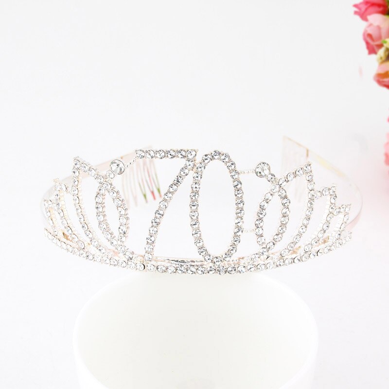 Silber Gold Kristall 70 80 Geburtstag Tiara Krone Kuchen Deckel Frauen Glückliche 70th 80th Geburtstag Party Dekoration Lieferungen Favor: Silber- 70