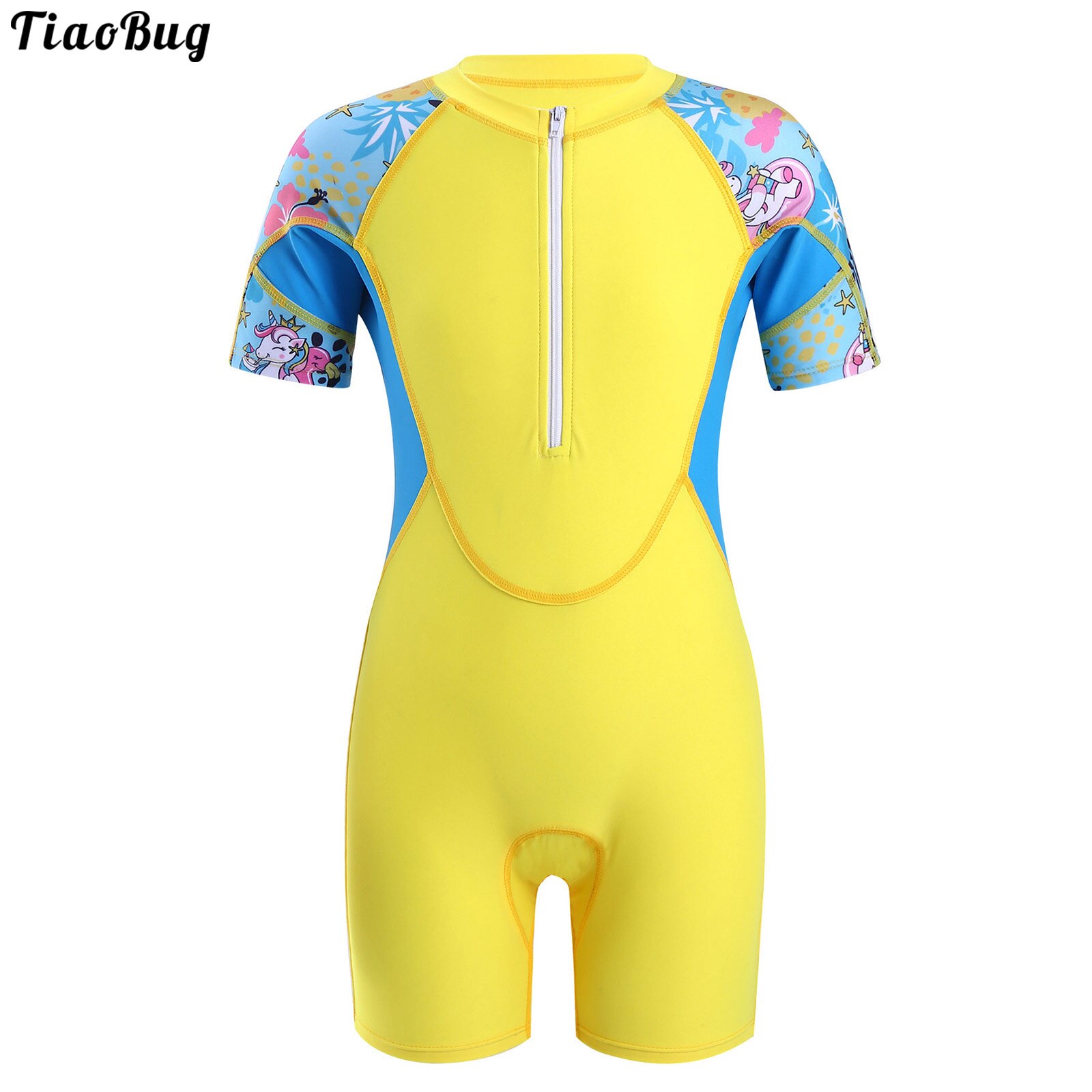 TiaoBug Summer Kids Girls One-Piece Pool Swimming Beach Jumpsuit Stand Collar Short Sleeves Front Zipper Closure Shorts Bodysuit