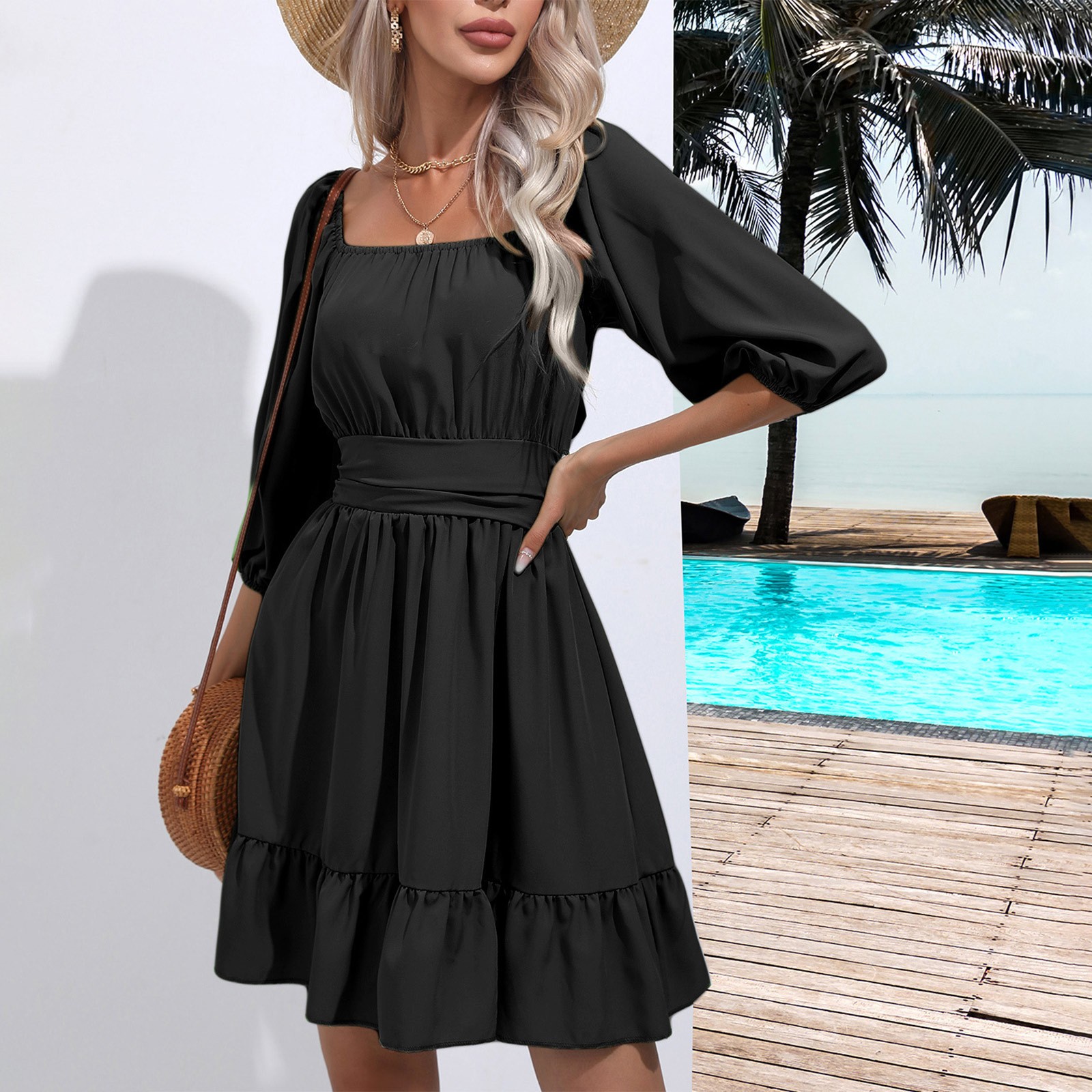 Summer Women Dresses Square Collar Bohemian Ruffles Elastic Above Knee Mini Dress Half Sleeves Vintage Gothic Dress Vestidos: S / black
