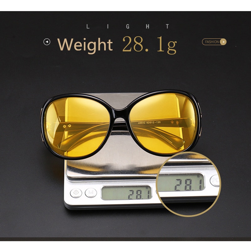 Women Polarized Night Vision Driving Glasses , Black Oval Oversize Sunglasses With Diamonds Goggles Driver Yellow UV400 N8842