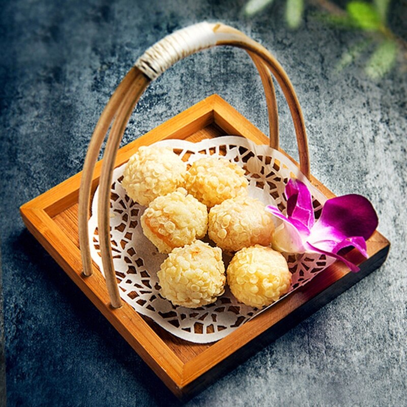 Japanese Sushi Bamboo Basket with Handle Dessert Fried Food Serving Tray Snack Fruit Dish Plate Round Paper Doilies Ta