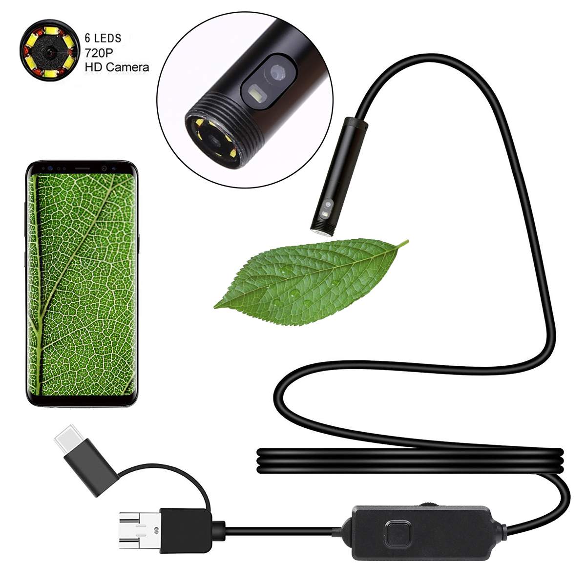 720P 3in1 Dual USB Endoscope Camera 2m 5m 10m Hard Cable Snake Inspection Camera 8mm 6 LED Borescope for Android PC Endoscope