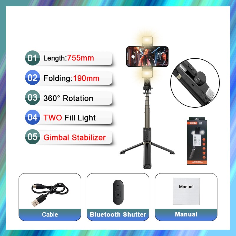 FANGTUOSI-estabilizador de cardán de mano para teléfono inteligente, trípode para teléfono móvil, grabación de vídeo: With Light and box