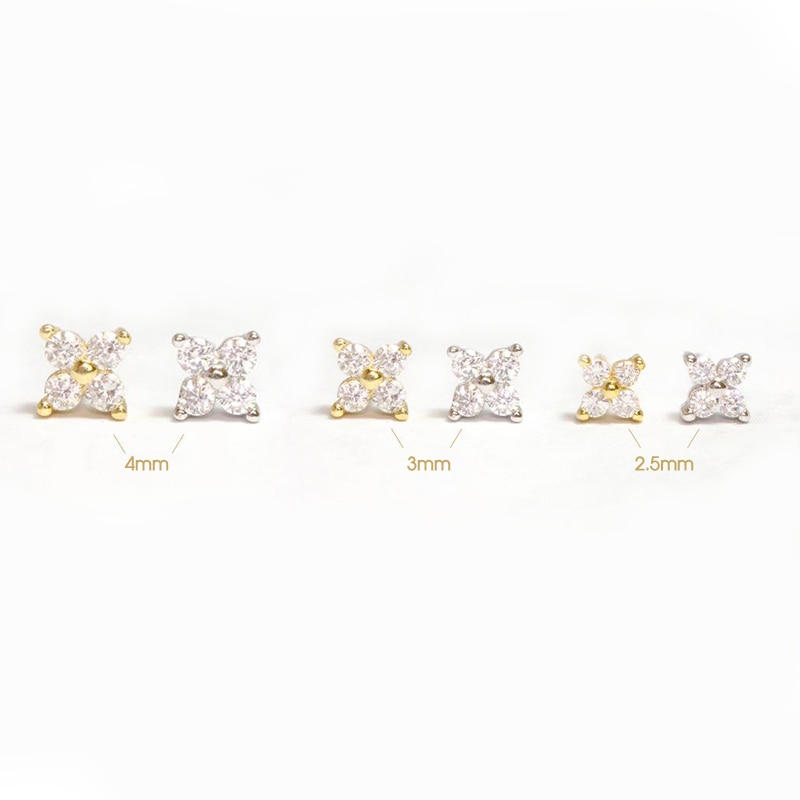 Inmaker 2/3/4Mm Vrouwen Oorbellen Crystal Flower Piercing Stud Oorbellen 925 Sterling Zilver Kleine Kraakbeen oorbel Oreja De Mujer