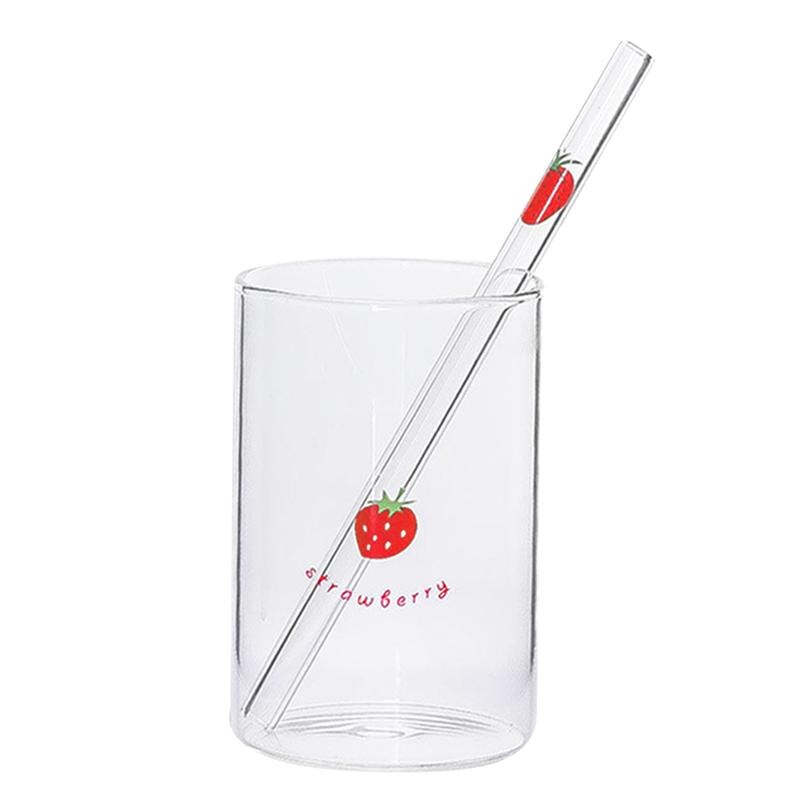 Vaso de vidrio borosilicato resistente al calor para jugo de fruta y leche, taza de almacenamiento de agua con pajita para el hogar y la Oficina (estilo de estampado de fresa: Red