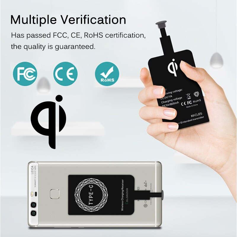 Receptor de carga inalámbrica Qi para IPhone 7, 6s Plus, cargador inalámbrico rápido Universal con Micro USB tipo C para Samsung y Huawei