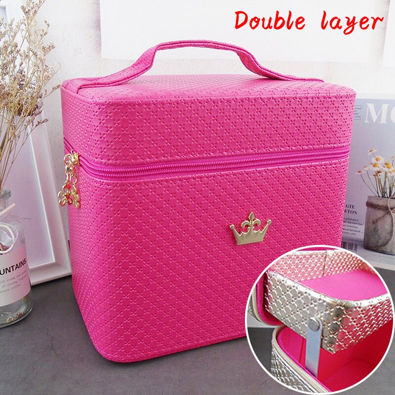 Cosmetic Bag Women Noble Crown Large Capacity Makeup Organizer Portable Brush Storage Case ZF9531: Rose(Double layer)