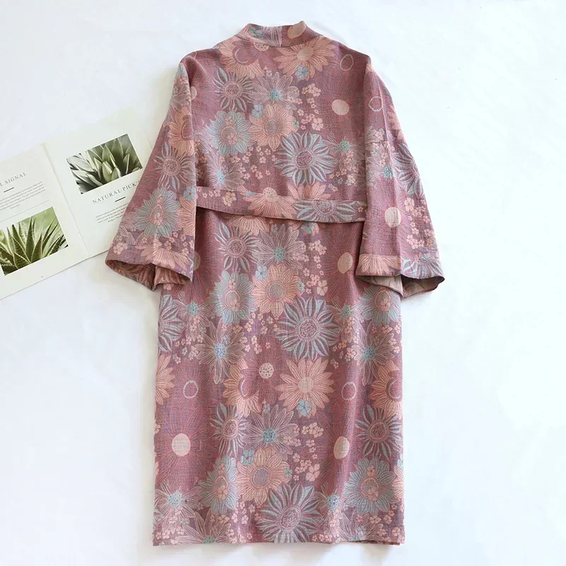 Damen-Bademantel aus bedruckter Baumwolle, Schließfach sitzender Bademantel, japanischer Stil, zum Binden, Kimono-Bademantel, schweißdampfende Baumwollpyjamas, Roben für Damen