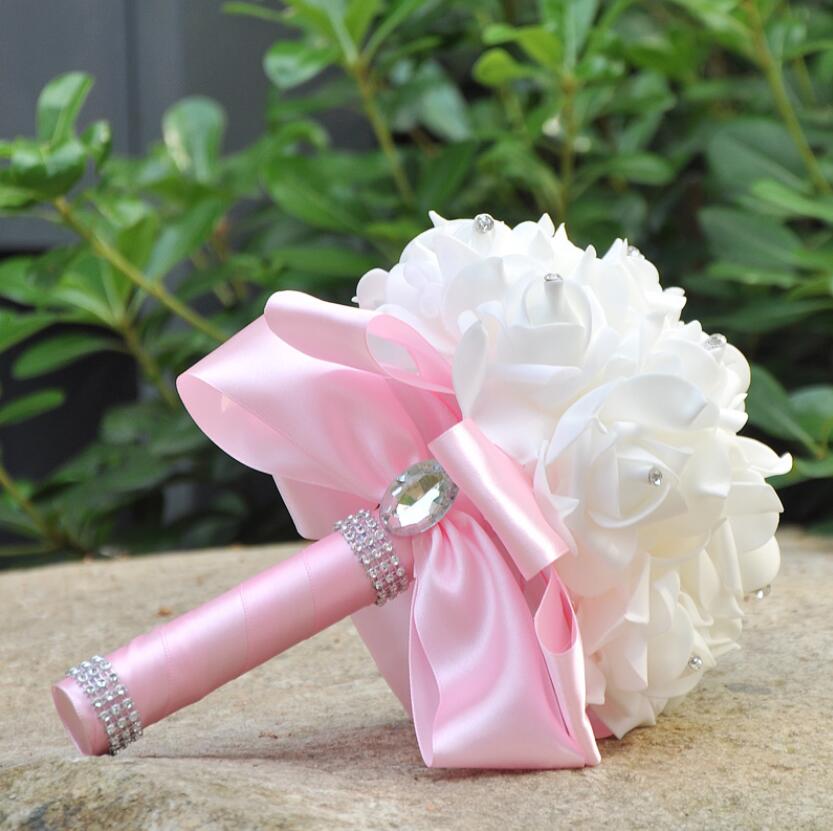 AYiCuthia Romantische Bruiloft Boeket Bruid Bruidsmeisje Bruiloft Decoratie Foam Bloemen Rose Bruidsboeket White Satin Holding S30: pink