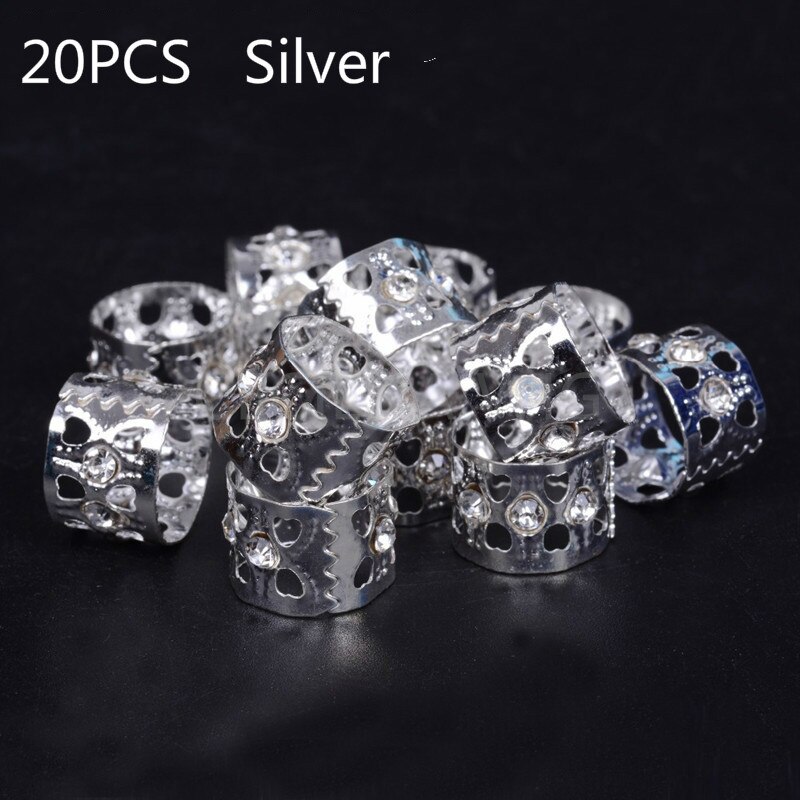 10/20 Pcs Gold Rhinestone Ring Dreadlock Beads for Braids Hair Beads for Dreadlocks Adjustable Hair Braid Cuff Clips: 20PCS Silver