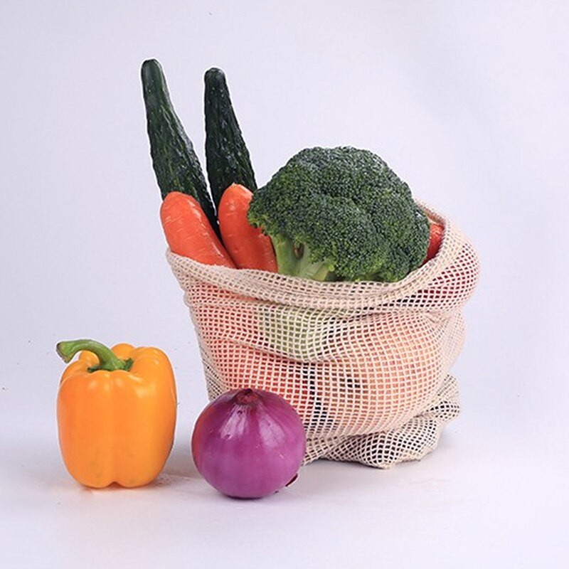 Reusable Vegetable Fruit Produce storage bag with Drawstring Home Vegetable Cotton Mesh Bags