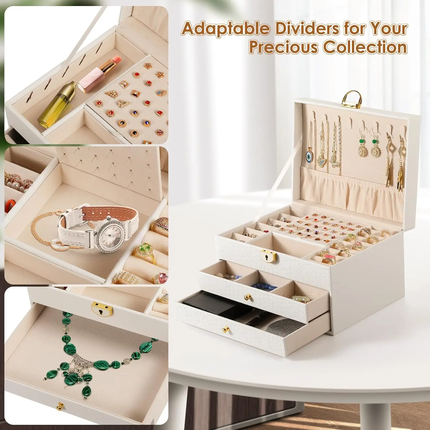 3-layer Jewelry Box with Drawer Lockable Jewelry Rack Storage, Large Jewelry Box Storage with Velvet Earring Storage,