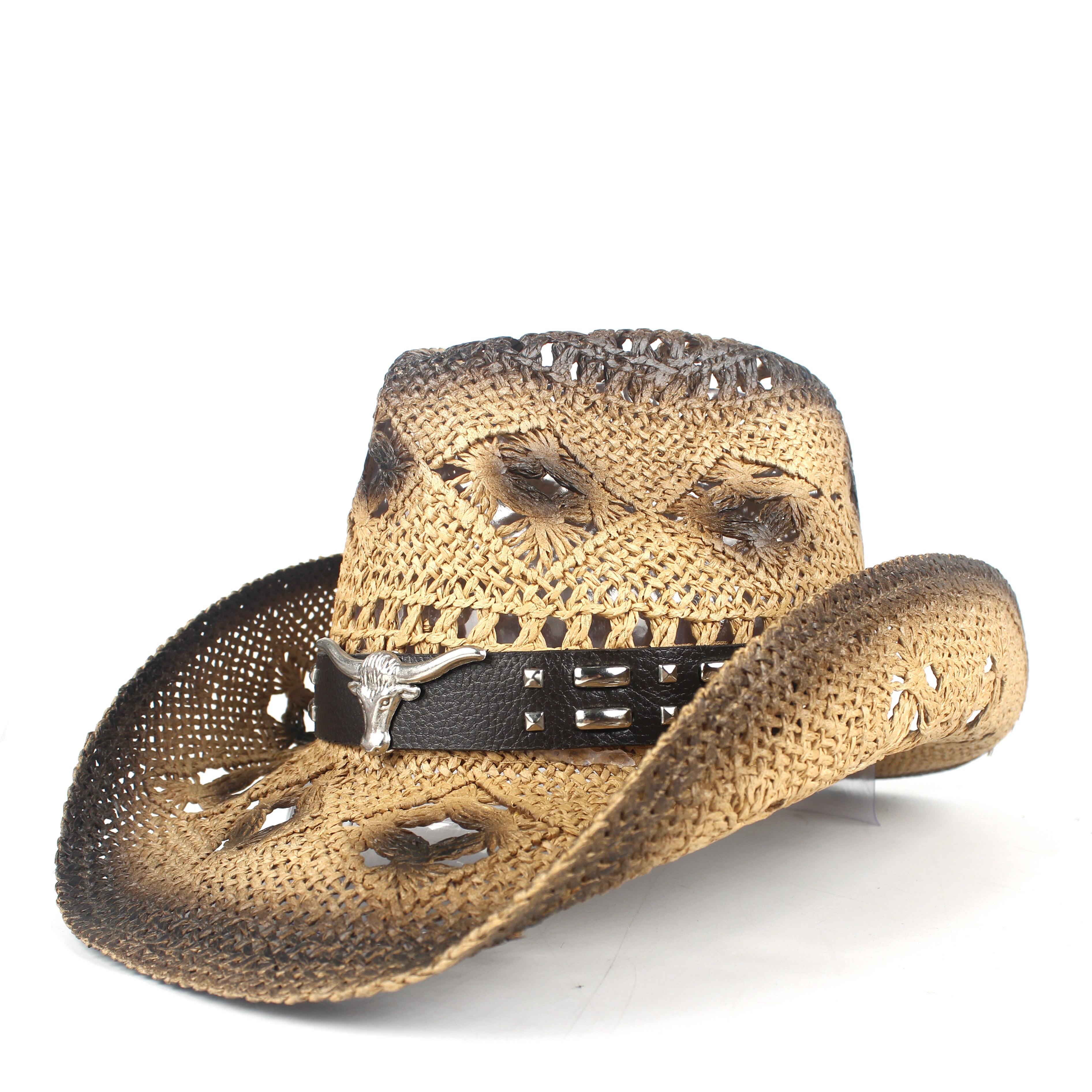 Sombrero de vaquero occidental de paja ahuecado para hombres y mujeres Sombrero de Sol de talla 56- 58 CM: Coffee