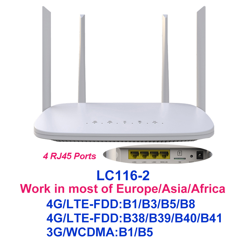 Tianjie 4g router lte z modemem wi-fi, 4 rj45 portami o dużej prędkości, czterema zewnętrznymi antenami 5 dbi i gniazdem na kartę sim, funkcja plug and play.: Biały