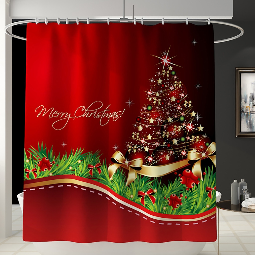 Santa juletryk toilet badeværelsesmåtte og bruseforhæng fire-delt sæt fest hjem tæppe anti-slip genanvendelige skridsikre puder