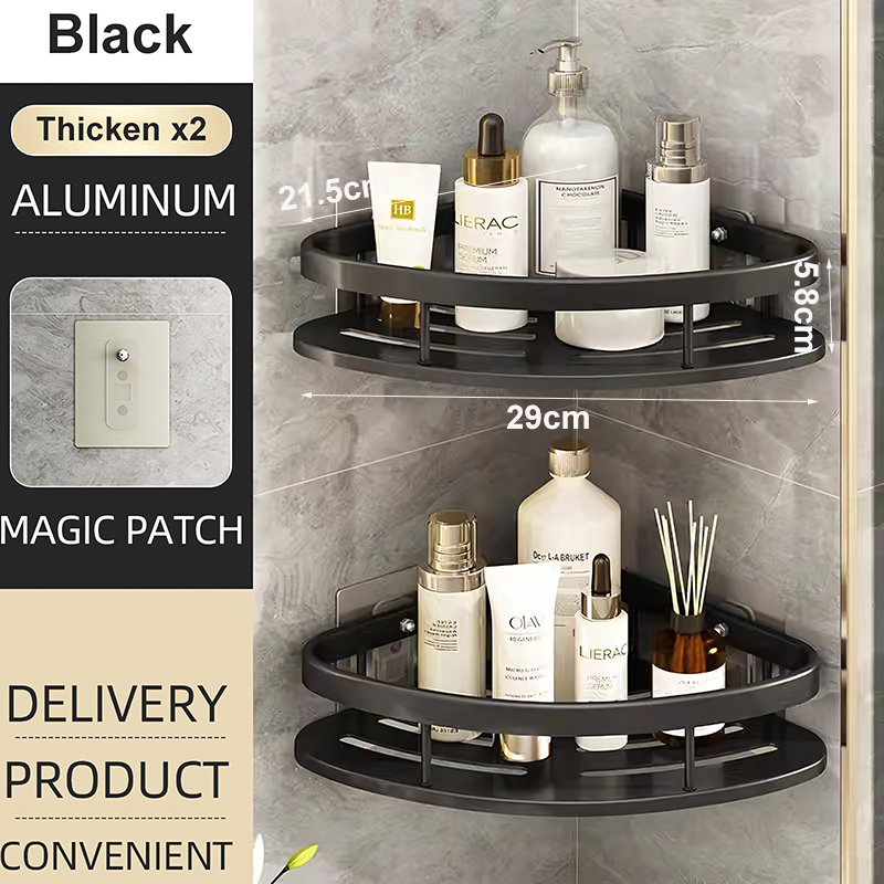 Bathroom Shower Corner Shelf Rack Shower Gel Bottles Facial Cleanser Holder Bath Triangular Adhesive Shower Caddy Basket Shelves: black
