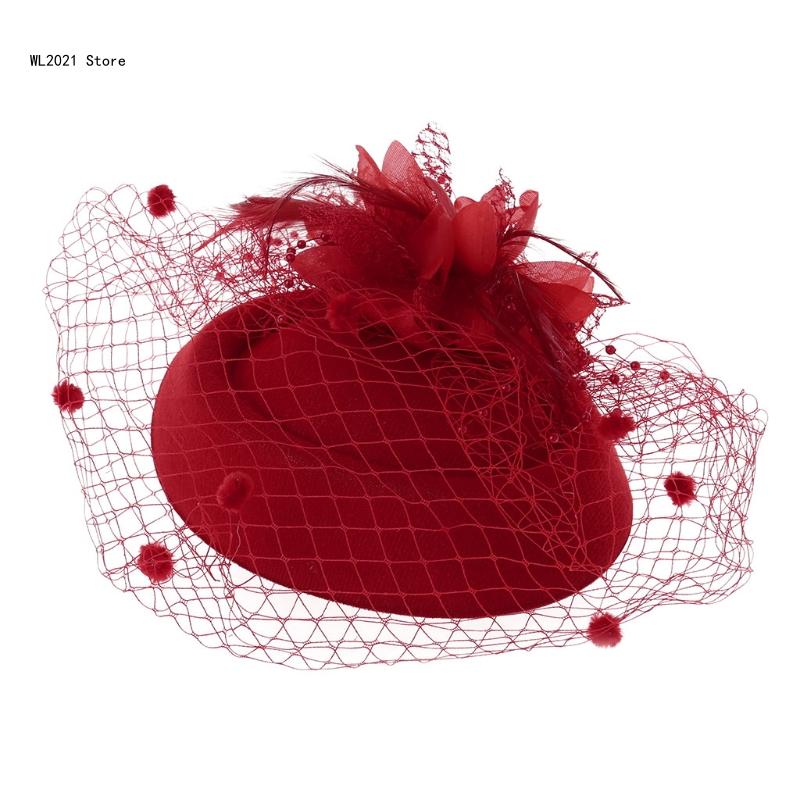 Fascinator-Hüte, einfarbig, pelzige Pillbox-Hut, Party-Kopfbedeckung, Mütze mit Schleier für Mädchen und Frauen: Rot