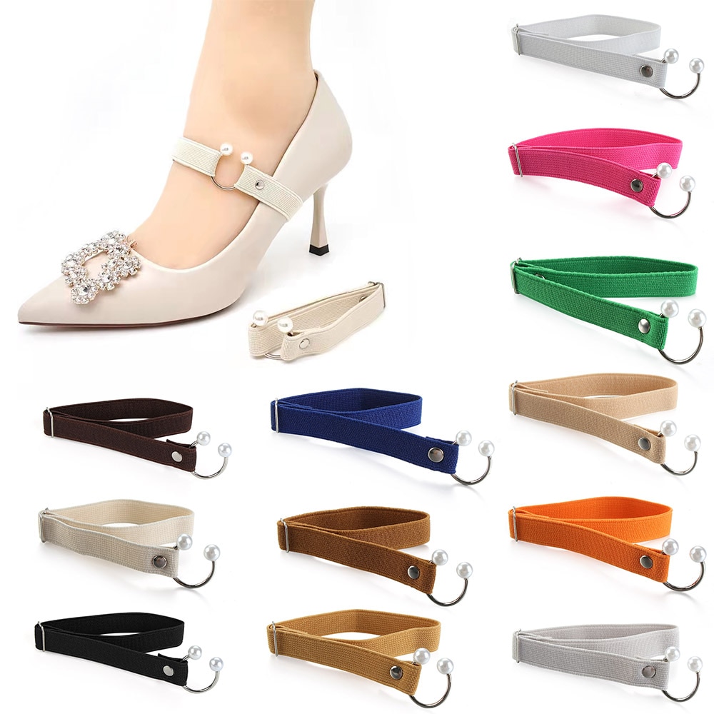 Correa elástica para zapatos de tacón alto para mujer, correa ajustable con perlas en forma de U, cordón elástico anticaída, accesorios para zapatos, 1 par