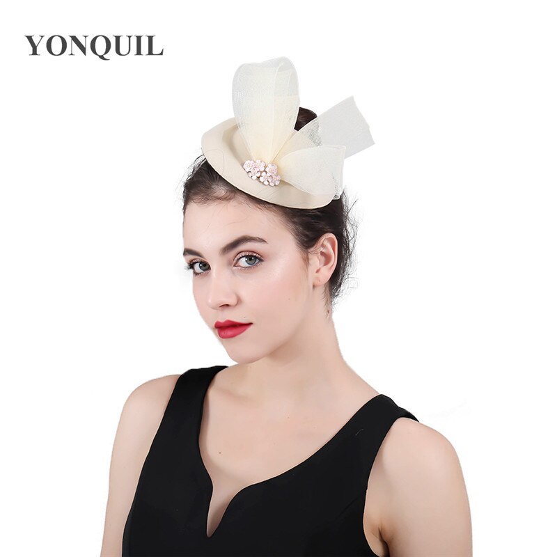 Uldfilt festhat til damer kvinder lejlighed hovedbeklædning hårnål brud bryllup hat fascinator show børn fedora kasket hovedbeklædning: Beige