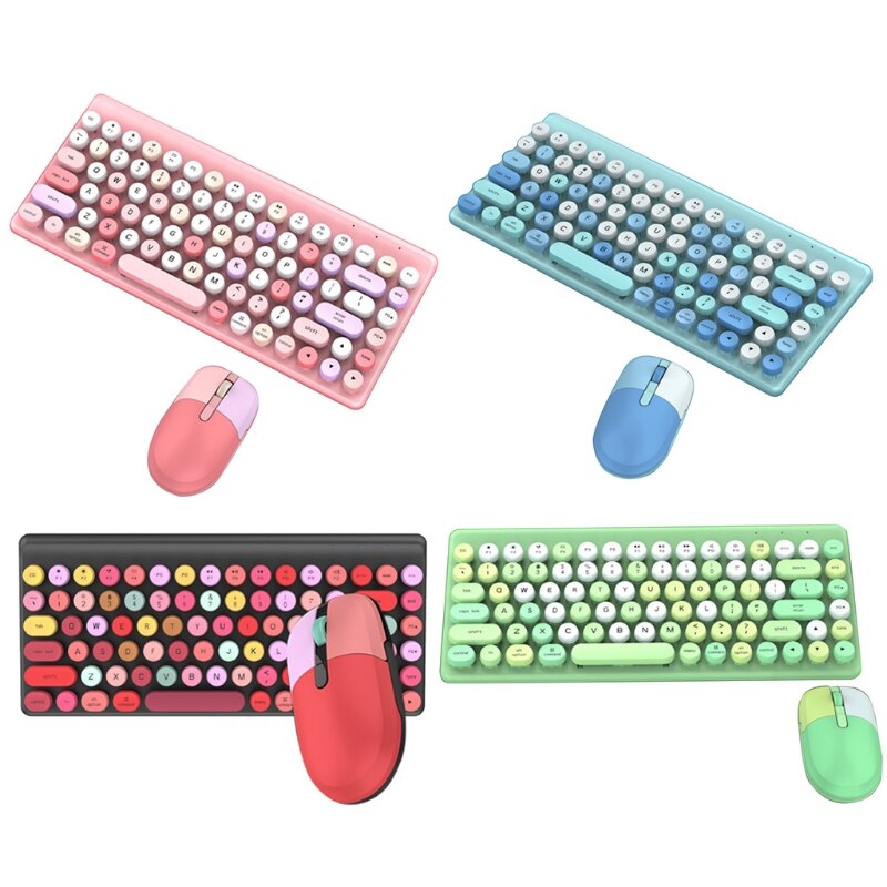 Keyboard and Mouse Combo 2.4G Wireless Round Punk Cute Candy Colors Keyboard and Optical Mouse Set Home Office
