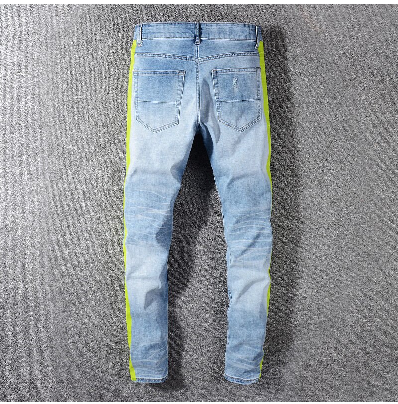 Mænds mandlige casual mand neon gule farve linjer patchwork flækkede jeans huller ødelagt denim stretch bukser bukser