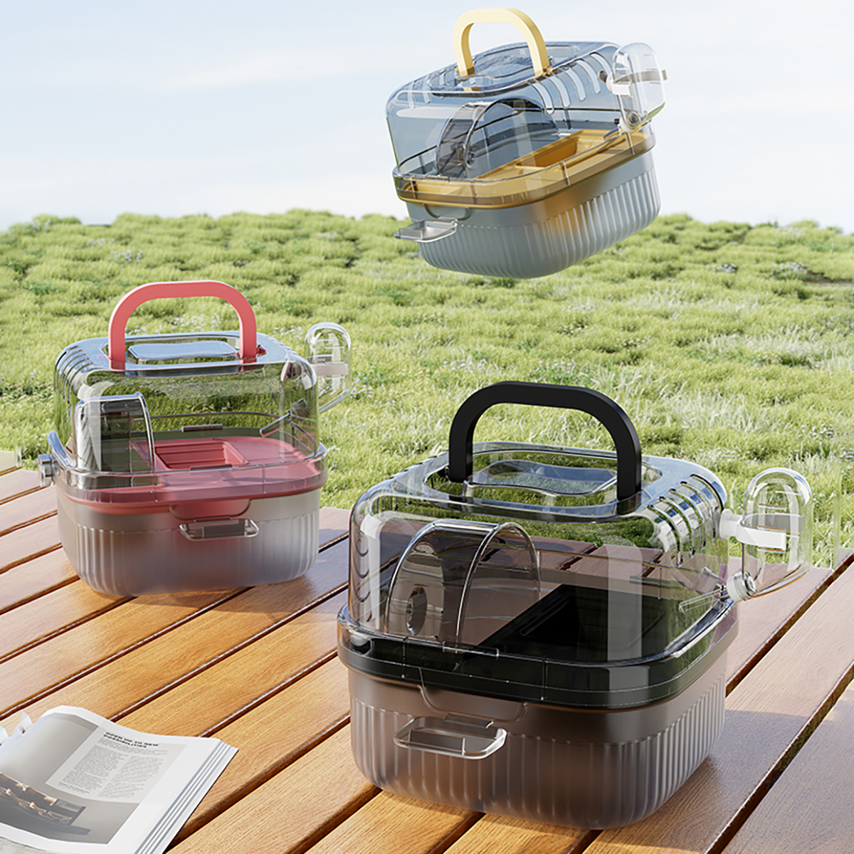 Jaula transportadora para exteriores para hámster, jaula portátil para hámster con cubierta abatible grande transparente para transporte de aves y hámster, suministros para mascotas