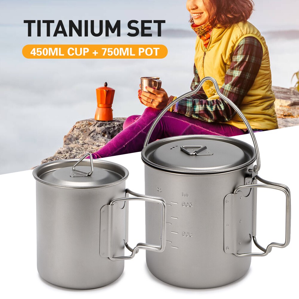 400ml/450ml Ultraleicht Titan Tasse 750ml Titan Hängen Topf Außen Geschirr setzt Camping Picknick Tragbare Getränk kochgeschirr: 450ml Tasse 750ml Topf