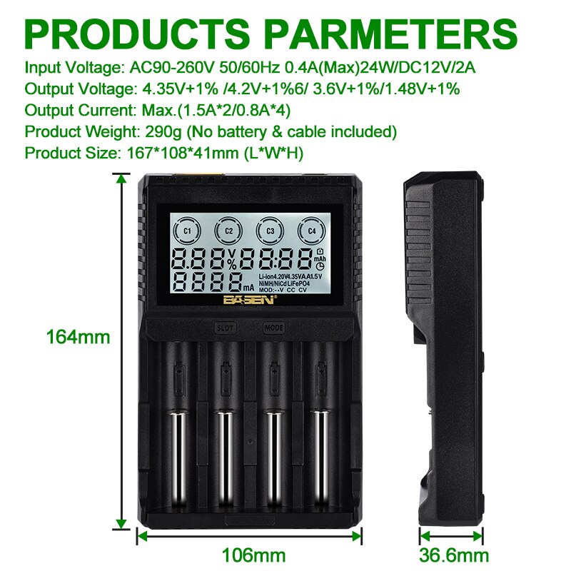 BASEN BL4 LCD Battery Charger for 18650 26650 21700 32700 3.7V/3.2V/1.2V AA AAA NiMH Battery 18650 Lithium Battery Charger