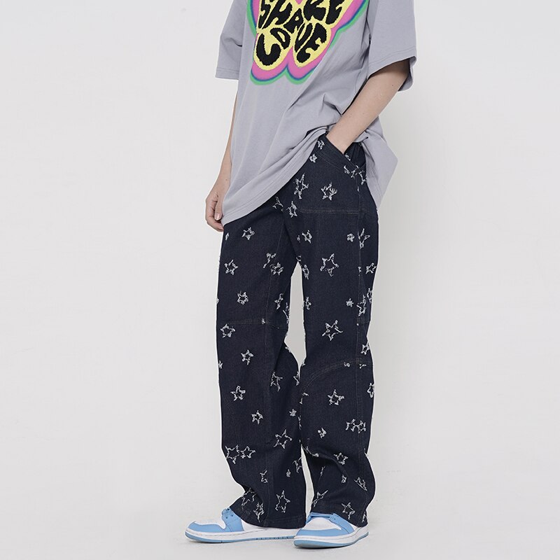 High Street Stars Embroidery Retro Straight Casual Jeans for Men Harajuku Retro Loose Oversize Denim Trousers