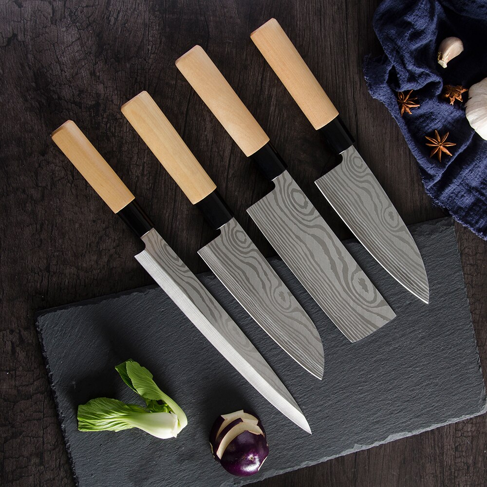 XYj 4pcs Japanese Style Stainless Steel Knives Set Damascus Veins Blade Wood Handle Chef Santoku Chopping Sashimi Knife Sushi