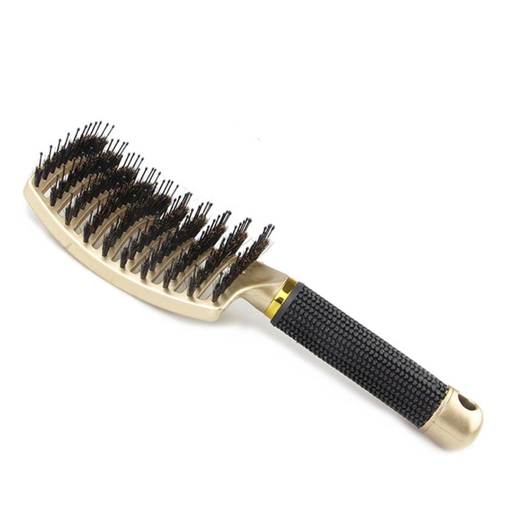 Kvinder kvindeligt hår hovedbundsmassage kam børste og nylon hårbørste våd krøllet detangle hårbørste til salon frisør styling værktøjer: Guld