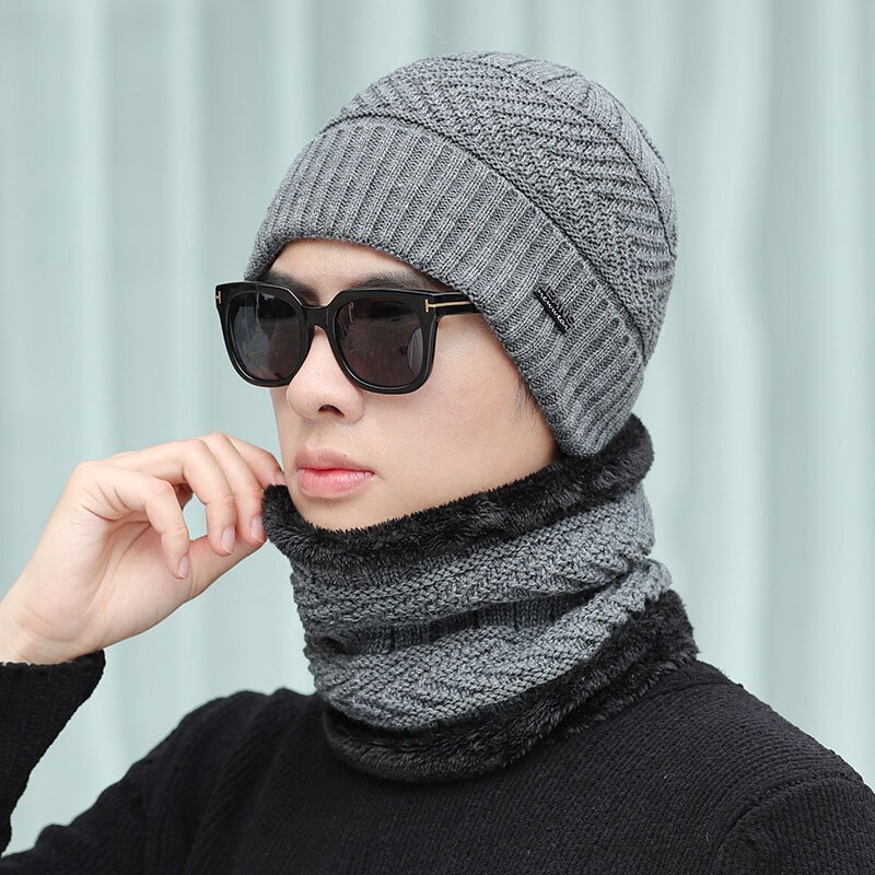 Calymel Winter Hat Scarf Set Men's Wool Hat Casual Warm Knit Hat Outdoor Riding Ski Cap Scarf Set 2pcs/set: G41 gray