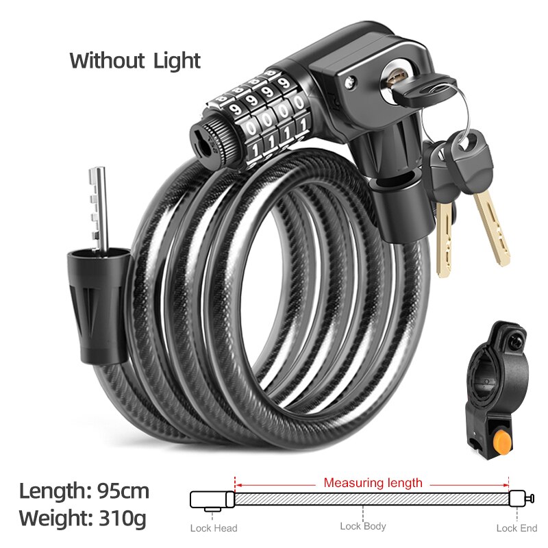 Xunting Bike Lock with Light Combination Keys Anti-theft Mountain Bike Lock General Bicycle Steel Cable Lock LED Luminous Locks: without light 95cm