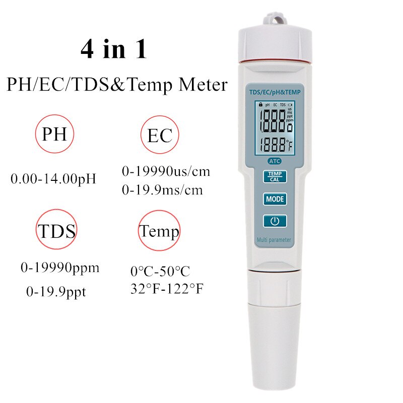 4 in 1 ph/ tds/ec/temp mätare vattentät ph-mätare vatten ph-testare för pooler, dricksvatten, akvarier 40%  off: A