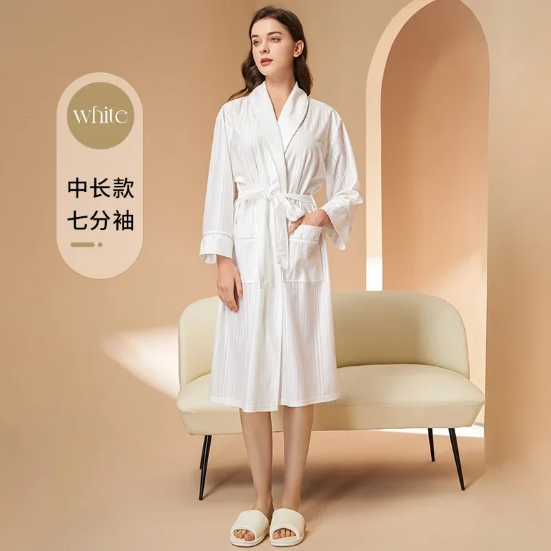 Bata de satén sedoso para parejas, ropa de dormir con estampado de rayas, Kimono, albornoz, ropa de casa holgada, ropa de dormir para primavera y verano: M / Azul