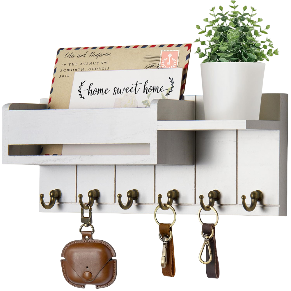 Rustic Decor Wood Wall Shelf with Mail & Key Hooks 6Hook Organizer Suitable for Living Room or Home Entryway: WHITE