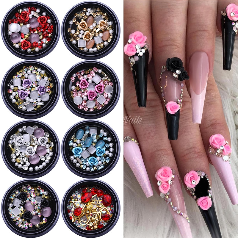 1 stk 3d negle rhinestones sten blandede farverige gør-det-selv-decals med neglebuede pincetkrystaller nail art gør-det-selv dekorationer