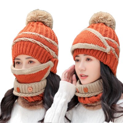Bingyuanhaoxuan 3 in 1 varm tyk strikket beanie hat tørklæde og maske sæt slouchy sne strik cap uendelig tørklæde til kvinder: Karamel