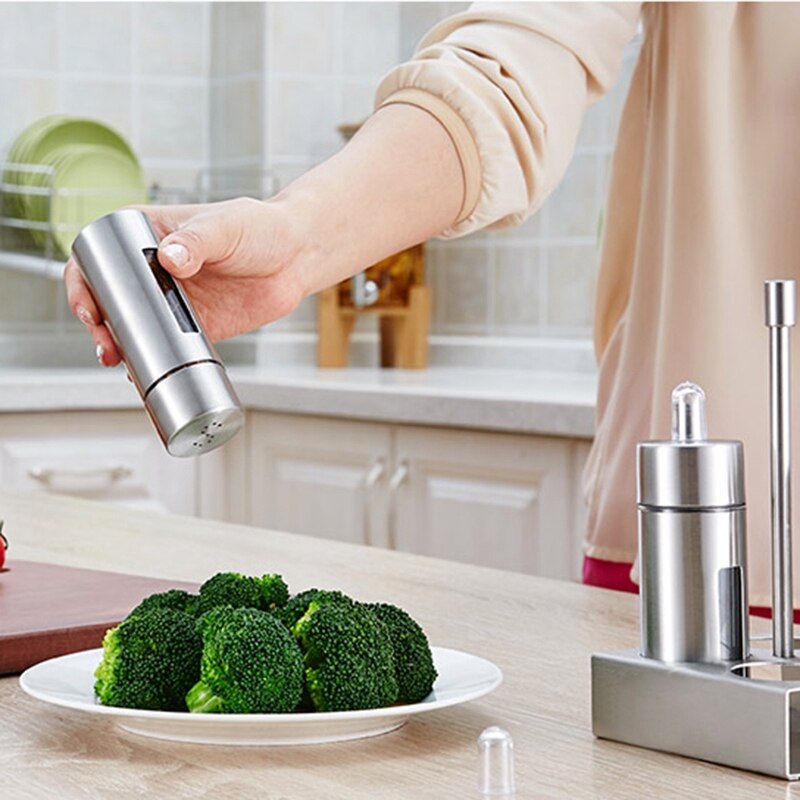 5Pcs/Set Stainless Steel Spice Rack Cruet Condiment Spice Jars Set Salt And Pepper Seasoning Cooking Kitchen Tool