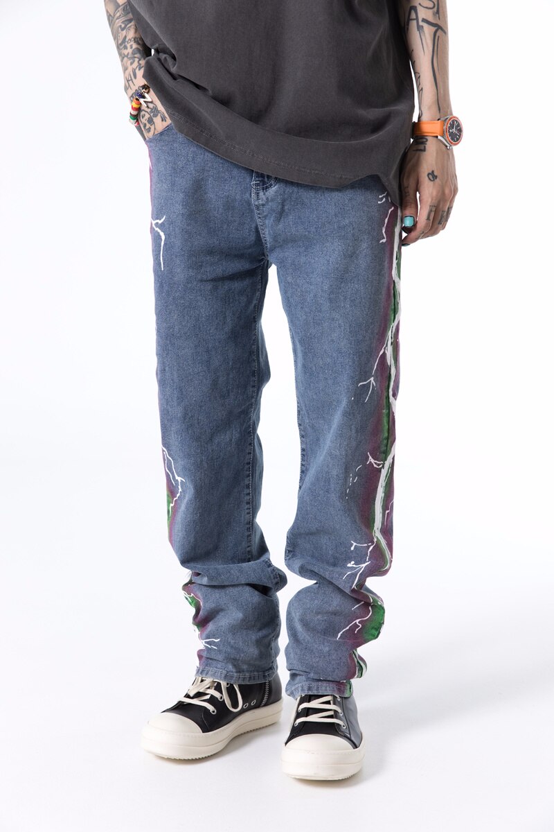Pantalones vaqueros con estampado lateral para hombre, Jeans con cremallera recta, pantalones de motorista, Hip-Hop, Harajuku, de venta al por menor