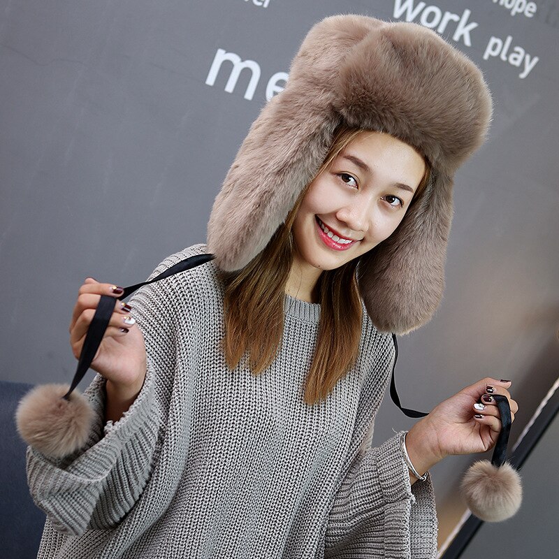 Winter Thick Warm Hats Faux Rabbit Fur Russian Fur Cap Bomber Hat Lady Ski Outdoor Fur Caps: Khaki