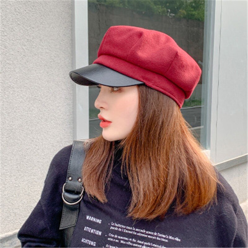 Auutmn Winter Hüte für Frauen Leder Krempe Einfarbig Achteckige Kappe Hüte Damen lässig Wolle Hütte Winter Baskenmütze Weibliche Künstler kappe
