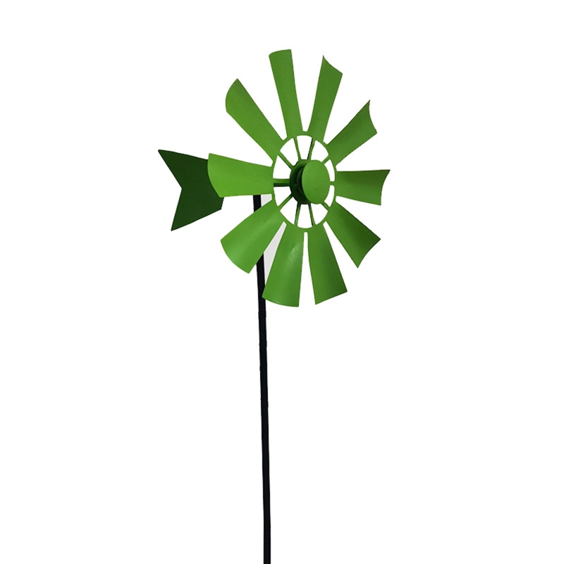 367A Wrought Iron Rotating Windmill Metal Wind Spinner Landscape Ornament for Outdoor Courtyard Yard Lawn Pinwheel Decor: green