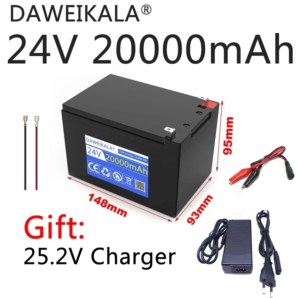 Bateria de lítio recarregável, 24v, 20ah, 18650, para energia solar, bateria de veículo elétrico + carregador 25.2v2a