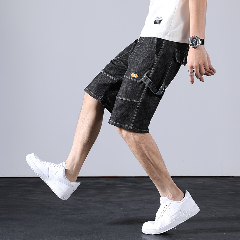 Men Solid Color Black Jeans Shorts Cool String Big Pocket Men Denim Shorts Straight Outdoor Knee Length Jeans Pants 28-38