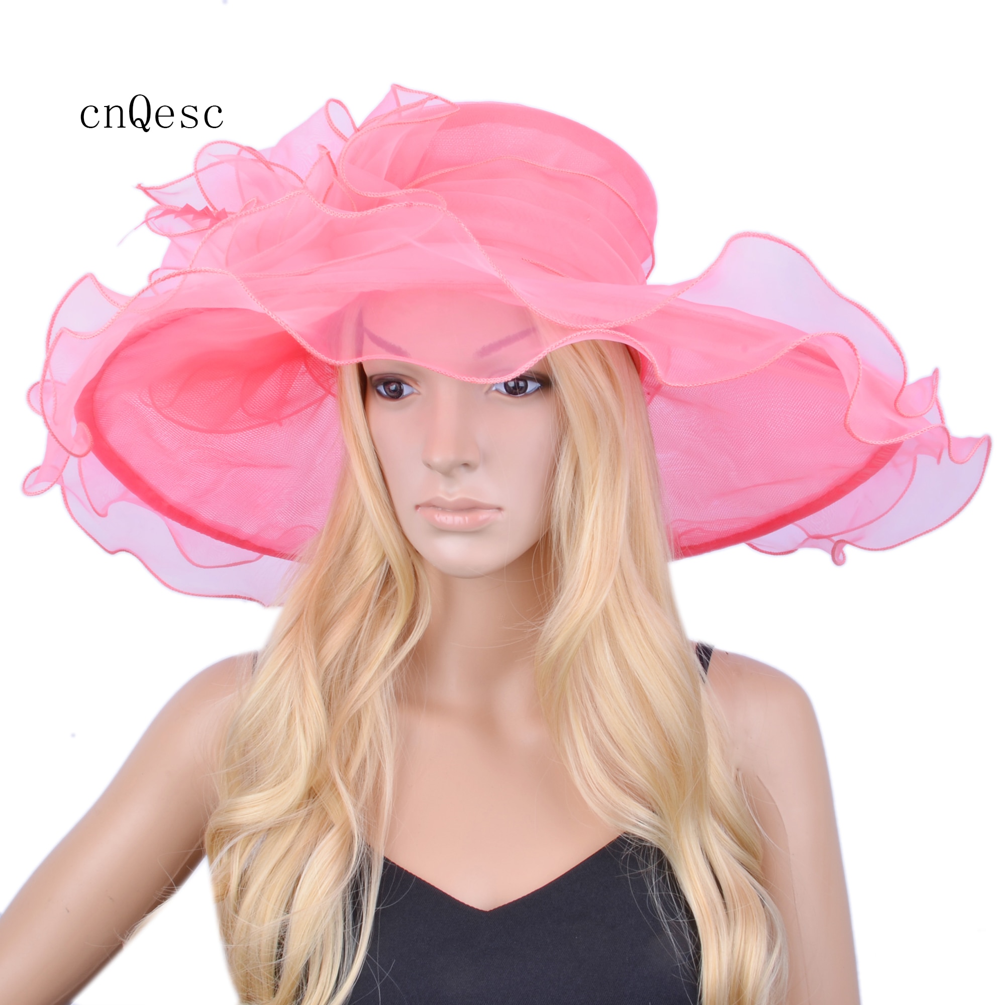 Watermelon pink X Large wide brim Organza Hat Hair Accessory sinamay fascinator for Church wedding,brim width 15.5cm.